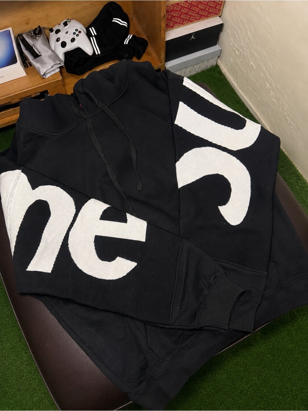 Black Supreme Hoodie with White Sleeve Lettering - Men